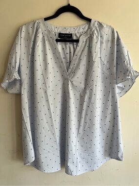 Lane Bryant 14/16 XL Pinstripe Blue Dot Preppy Coastal Popover Classic Blouse